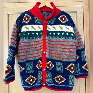 Vintage Ecuador Tejidos Hand Knit Chunky Heavy Wool Cardigan Hand Made